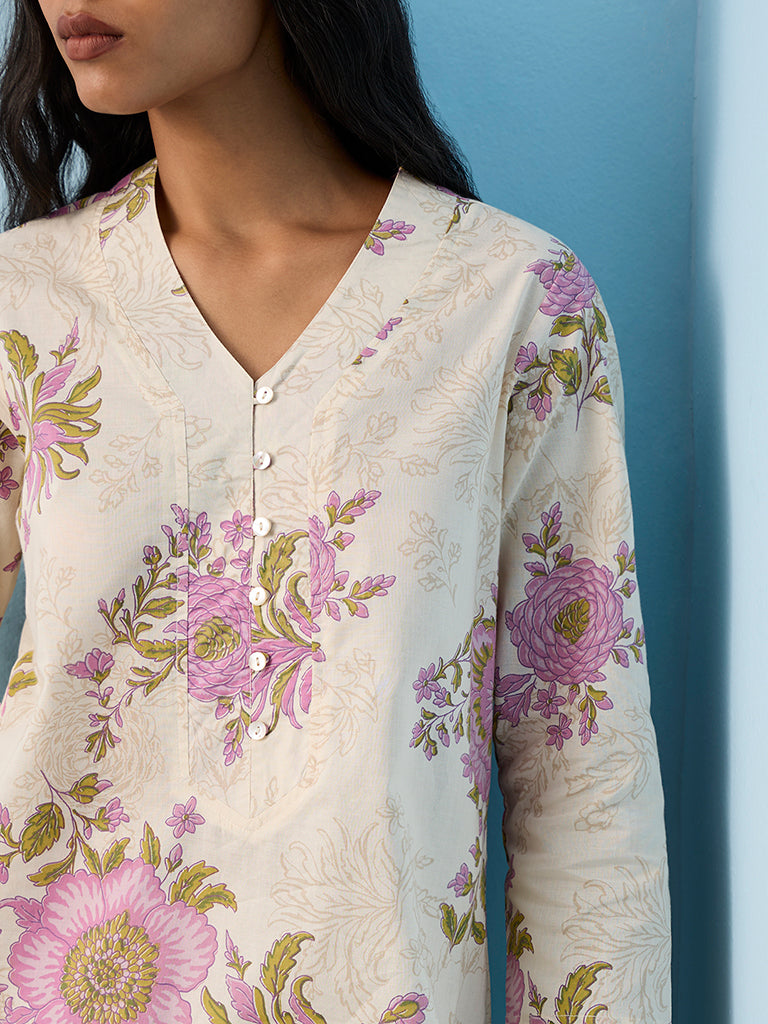 Utsa Off-White Floral Design Cotton Straight Kurta