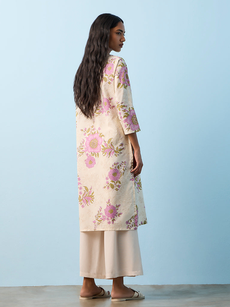 Utsa Off-White Floral Design Cotton Straight Kurta