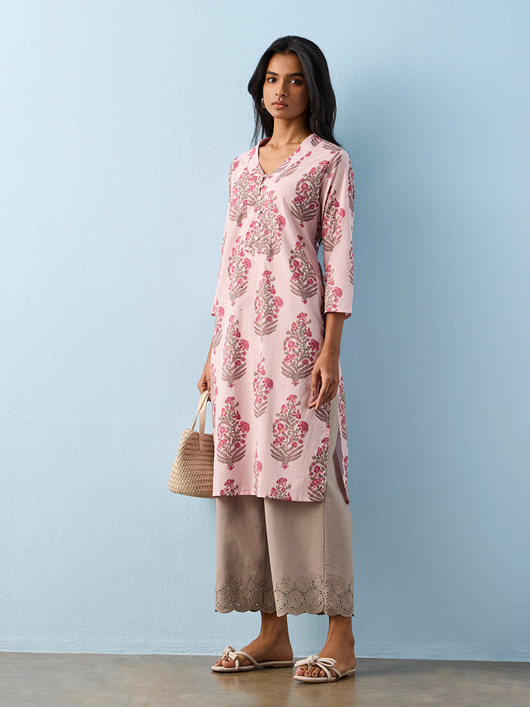 Utsa Pink Floral Printed Cotton Straight Kurta
