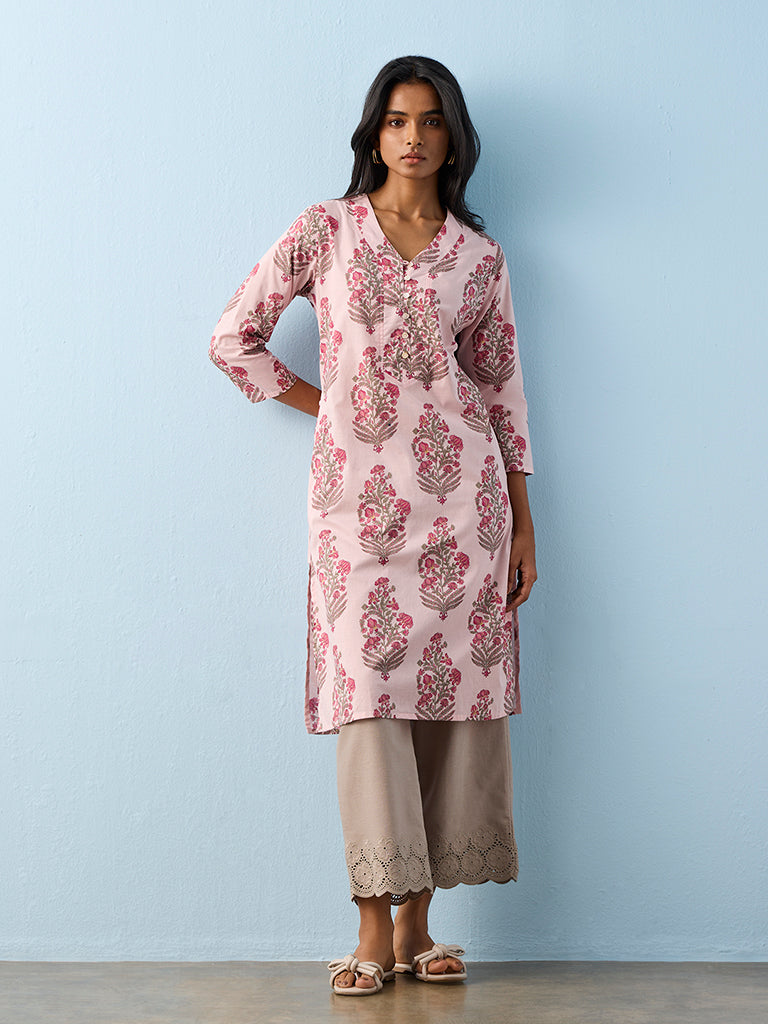 Utsa Pink Floral Printed Cotton Straight Kurta