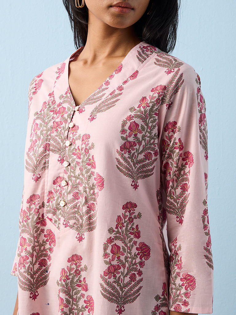 Utsa Pink Floral Printed Cotton Straight Kurta