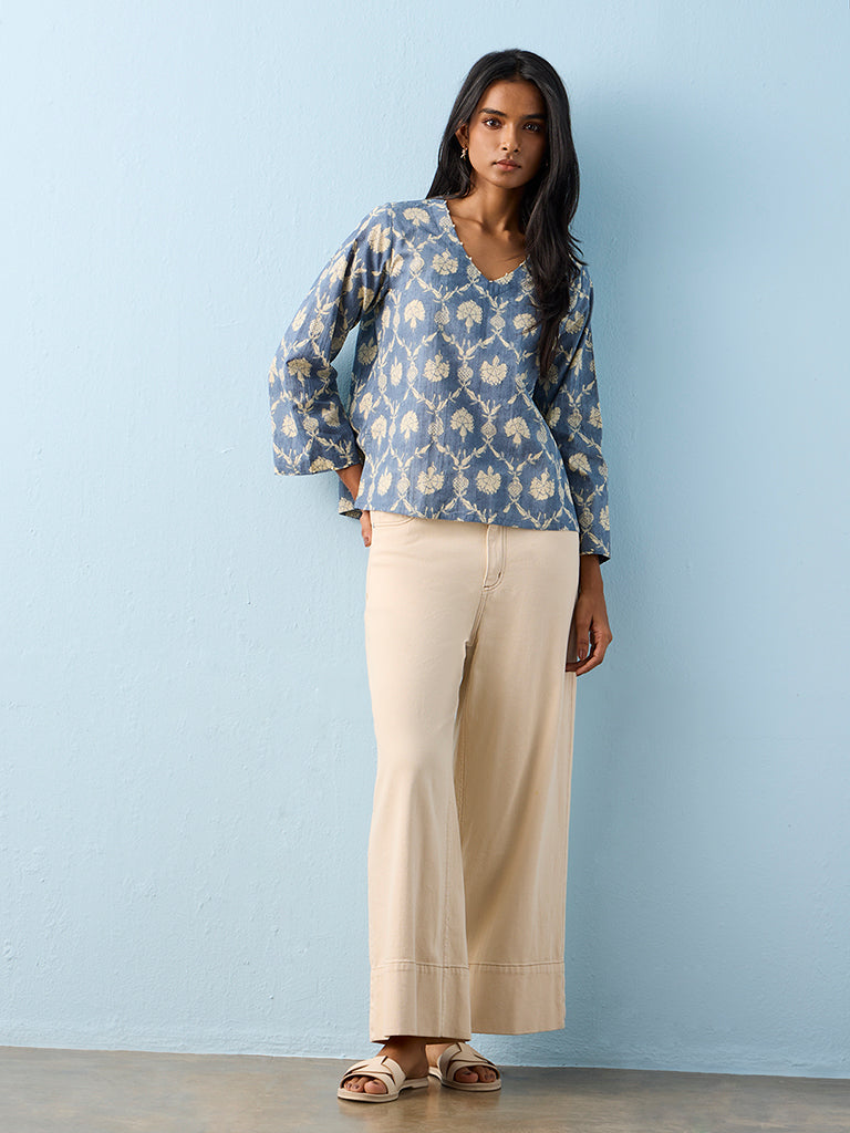 Utsa Indigo Floral Printed Cotton Tunic