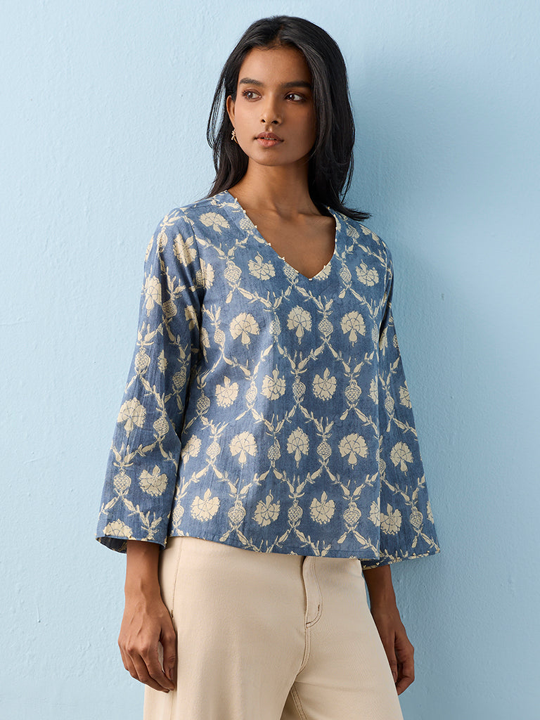 Utsa Indigo Floral Printed Cotton Tunic