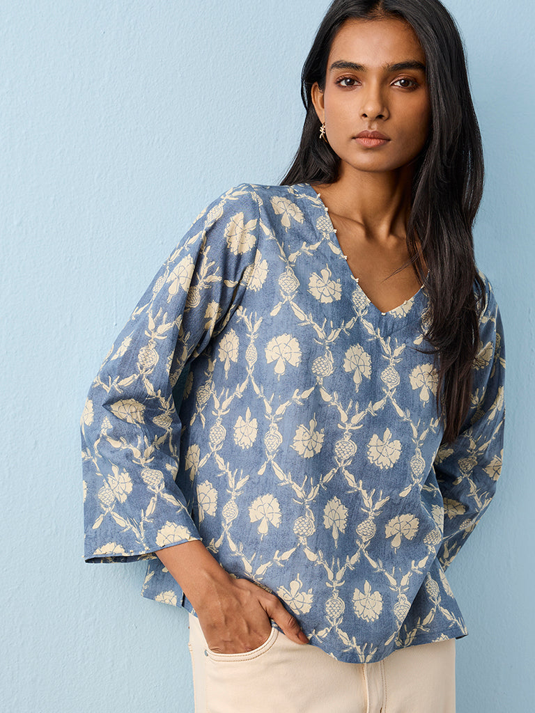 Utsa Indigo Floral Printed Cotton Tunic