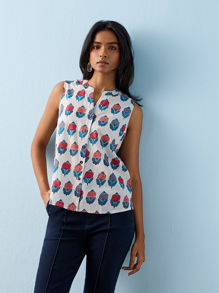 Utsa White Floral Printed Cotton Tunic