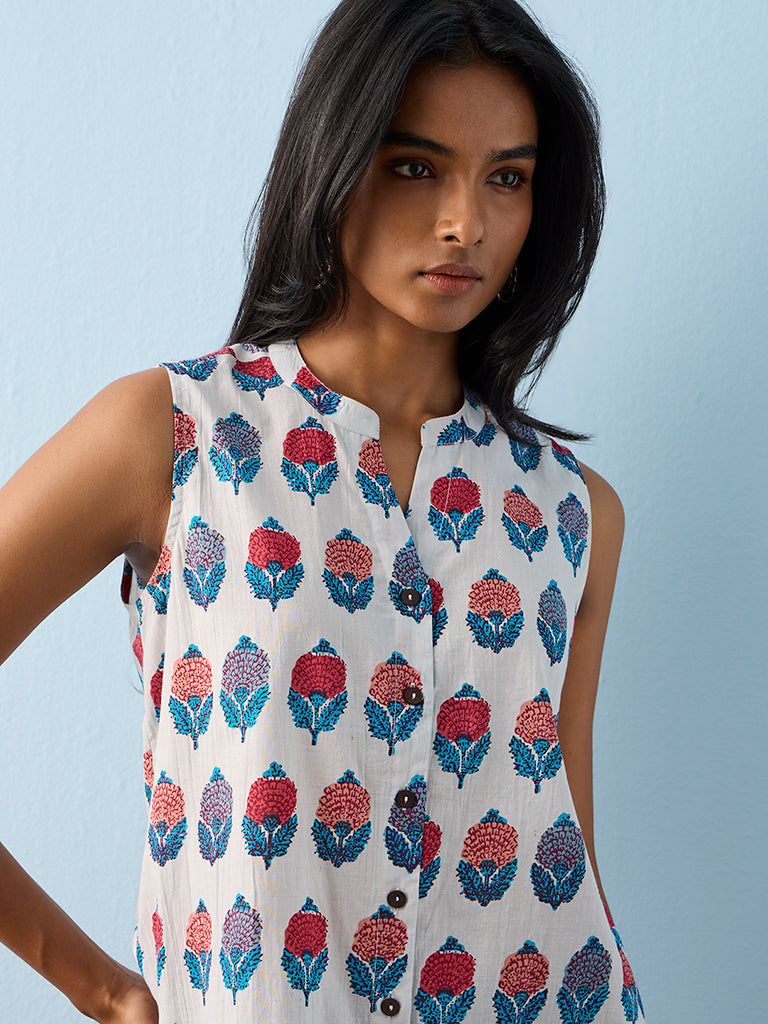 Utsa White Floral Printed Cotton Tunic