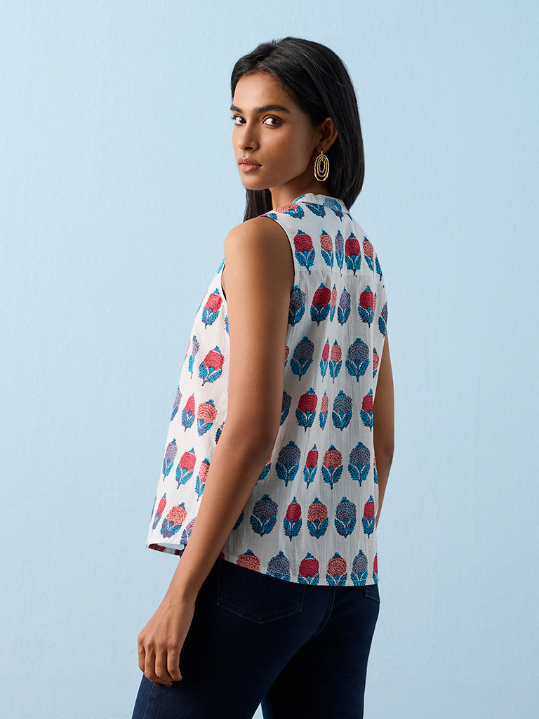 Utsa White Floral Printed Cotton Tunic