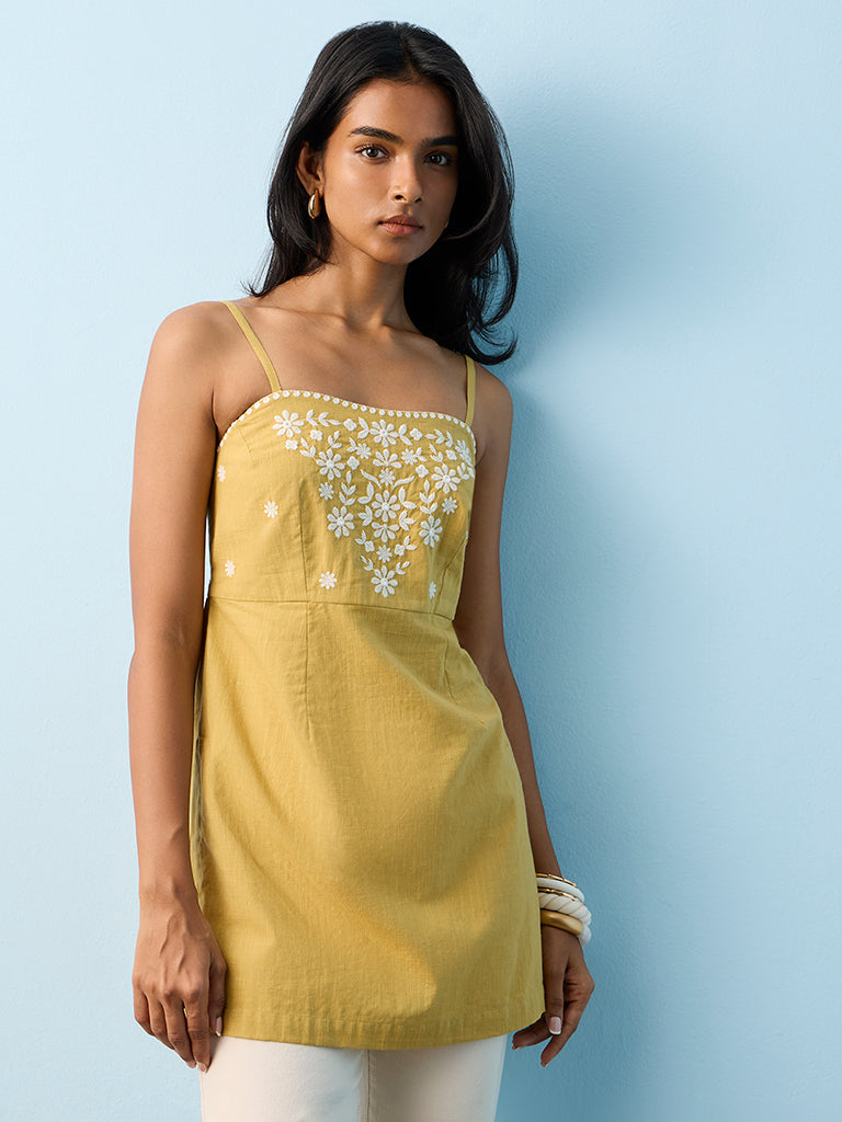 Utsa Yellow Floral Embroidered Cotton Tunic