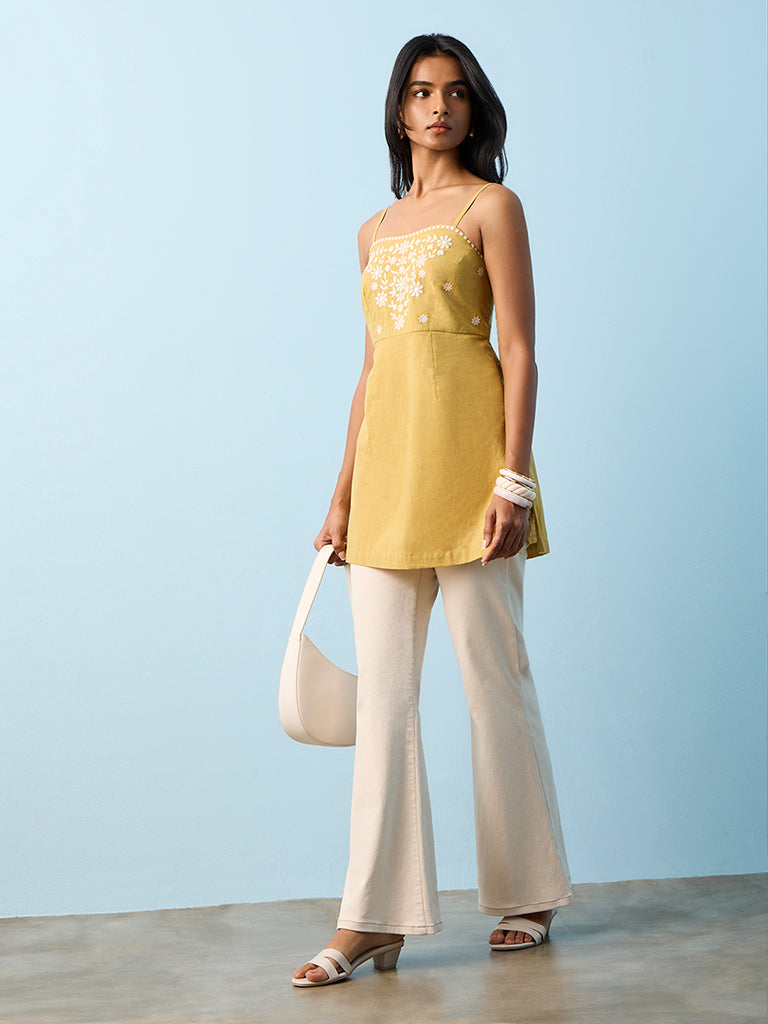 Utsa Yellow Floral Embroidered Cotton Tunic