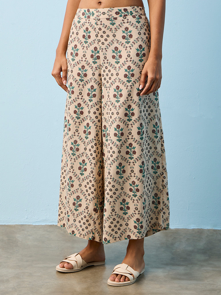 Utsa Taupe Botanical Design Cotton Palazzos