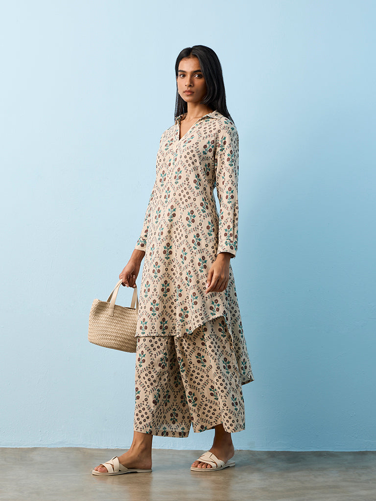 Utsa Taupe Botanical Design Cotton Palazzos