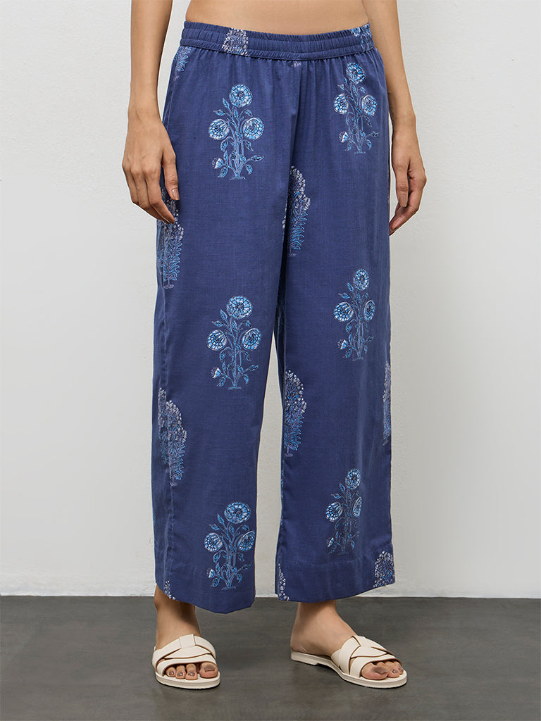 Utsa Navy Botanical Pattern Cotton Pants
