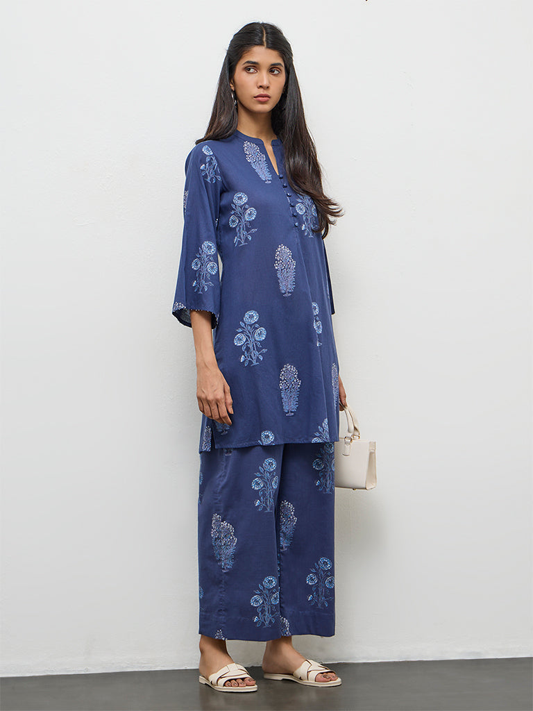 Utsa Navy Botanical Pattern Cotton Pants