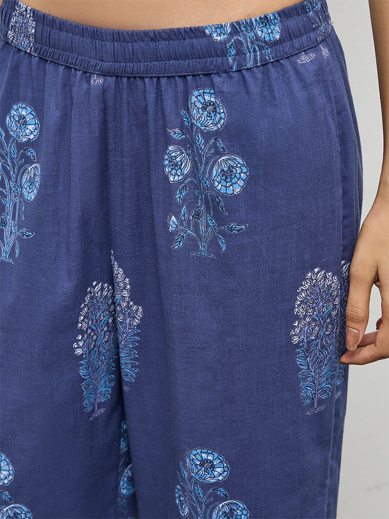Utsa Navy Botanical Pattern Cotton Pants