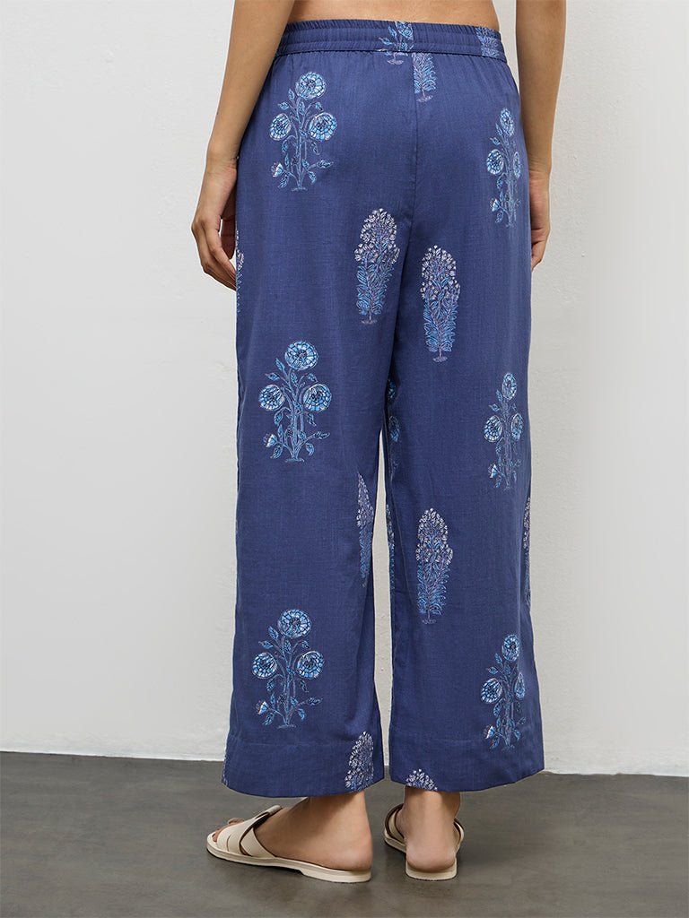 Utsa Navy Botanical Pattern Cotton Pants
