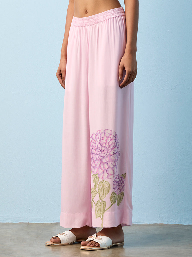 Utsa Pink Floral Design Pants