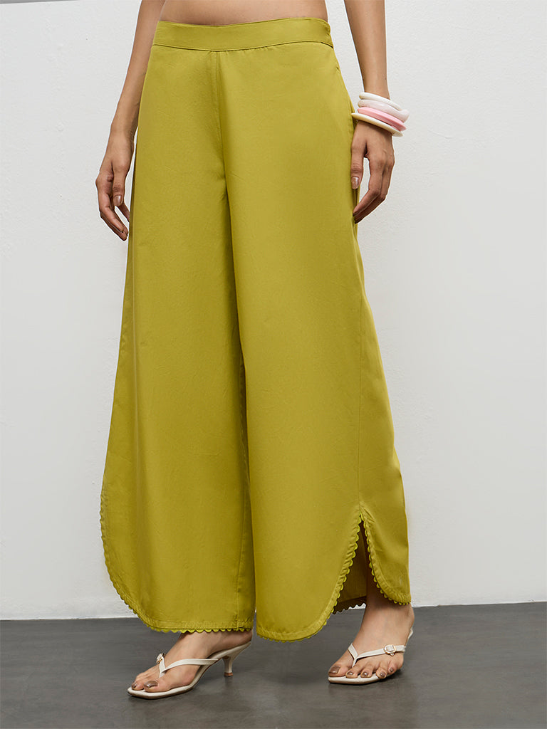 Utsa Lime Solid Cotton-Blend Palazzos