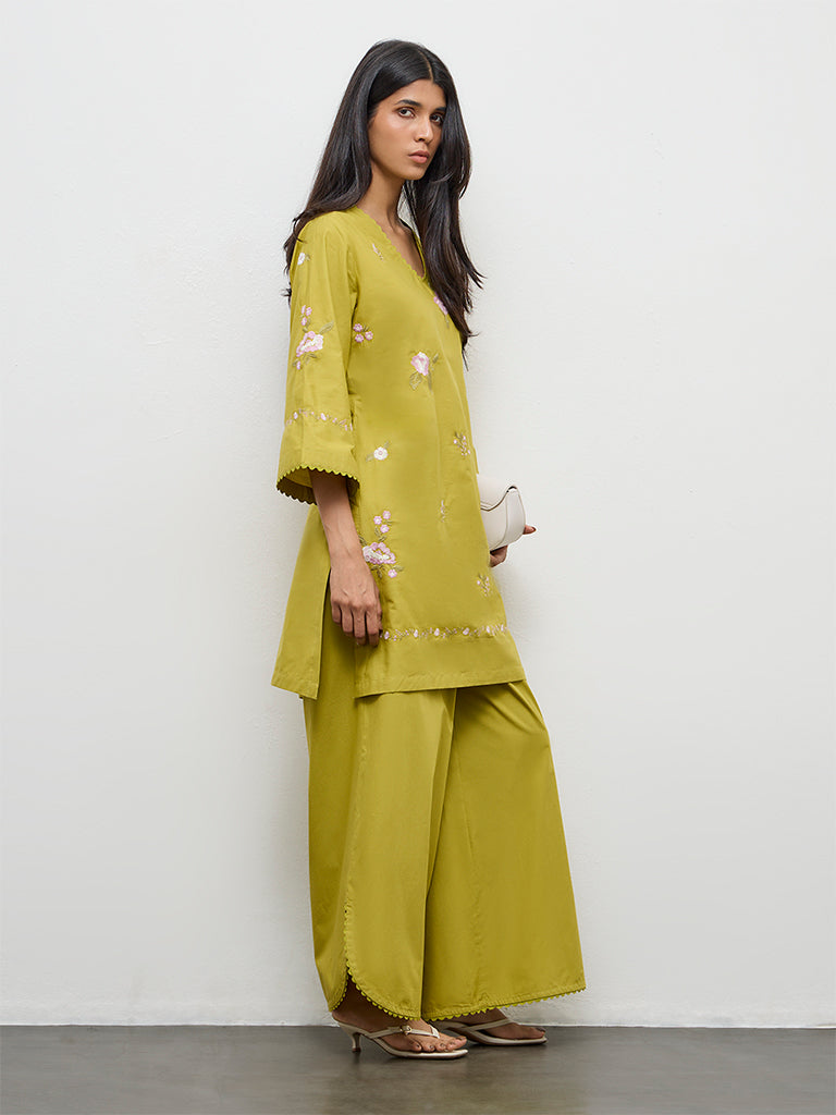 Utsa Lime Solid Cotton-Blend Palazzos