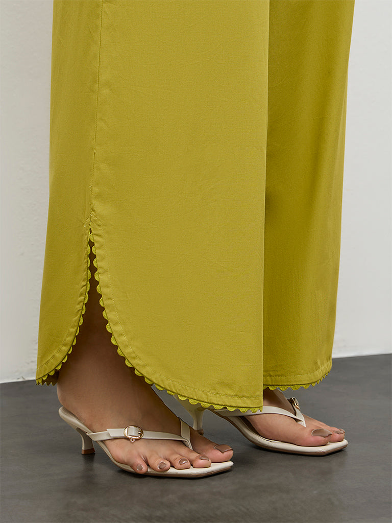 Utsa Lime Solid Cotton-Blend Palazzos
