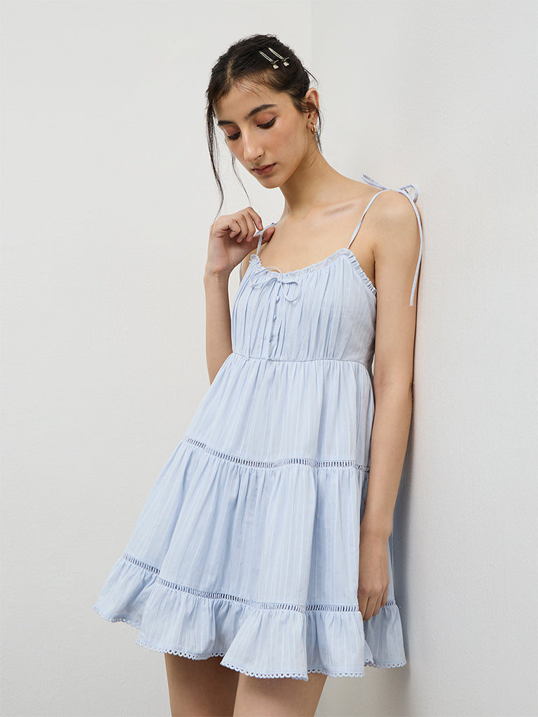 Nuon Light Blue Cotton Tiered Dress