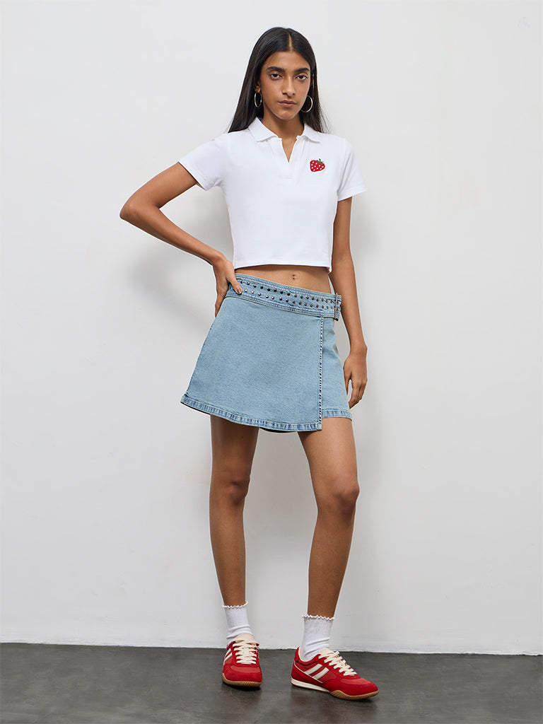 Nuon Light Blue Stud Detailed High-Rise Denim Skorts