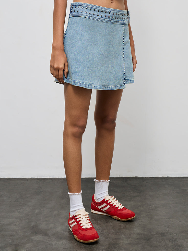 Nuon Light Blue Stud Detailed High-Rise Denim Skorts