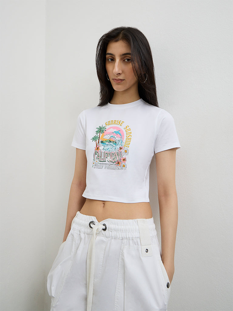 Nuon White Graphic Printed Cotton-Blend T-Shirt