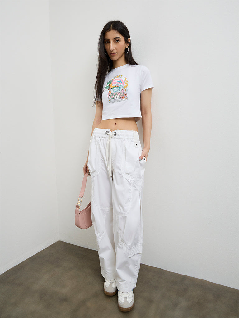 Nuon White Graphic Printed Cotton-Blend T-Shirt