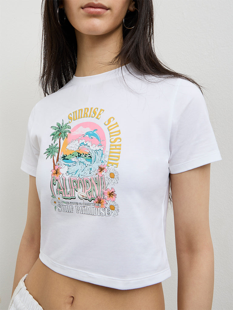 Nuon White Graphic Printed Cotton-Blend T-Shirt