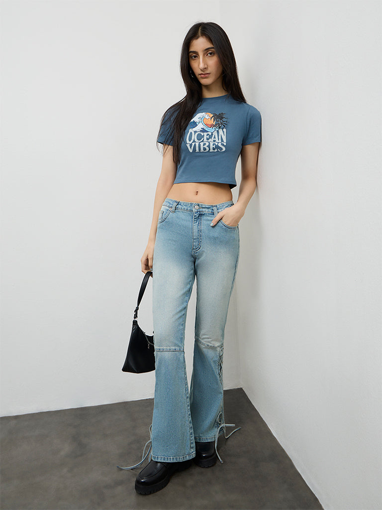 Nuon Dusty Blue Graphic Printed Cotton-Blend T-Shirt