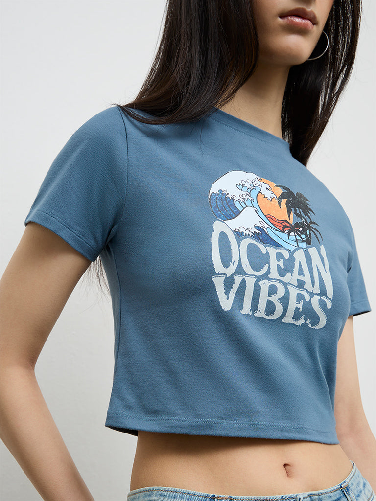 Nuon Dusty Blue Graphic Printed Cotton-Blend T-Shirt