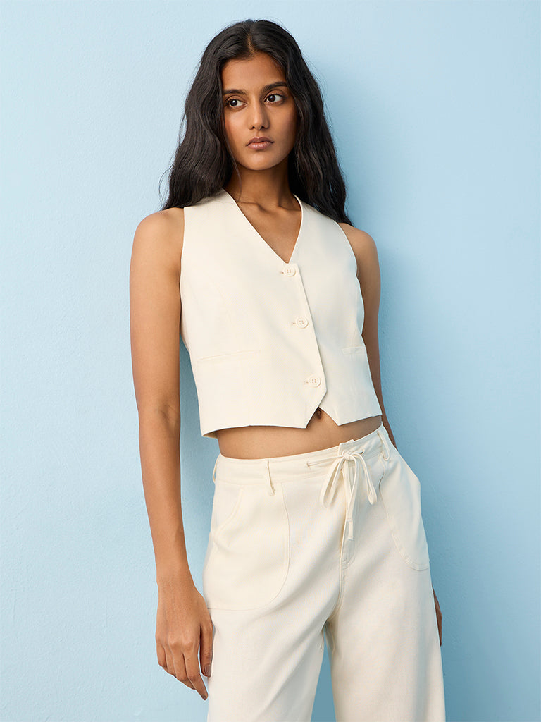 LOV Off-White Solid Waistcoat