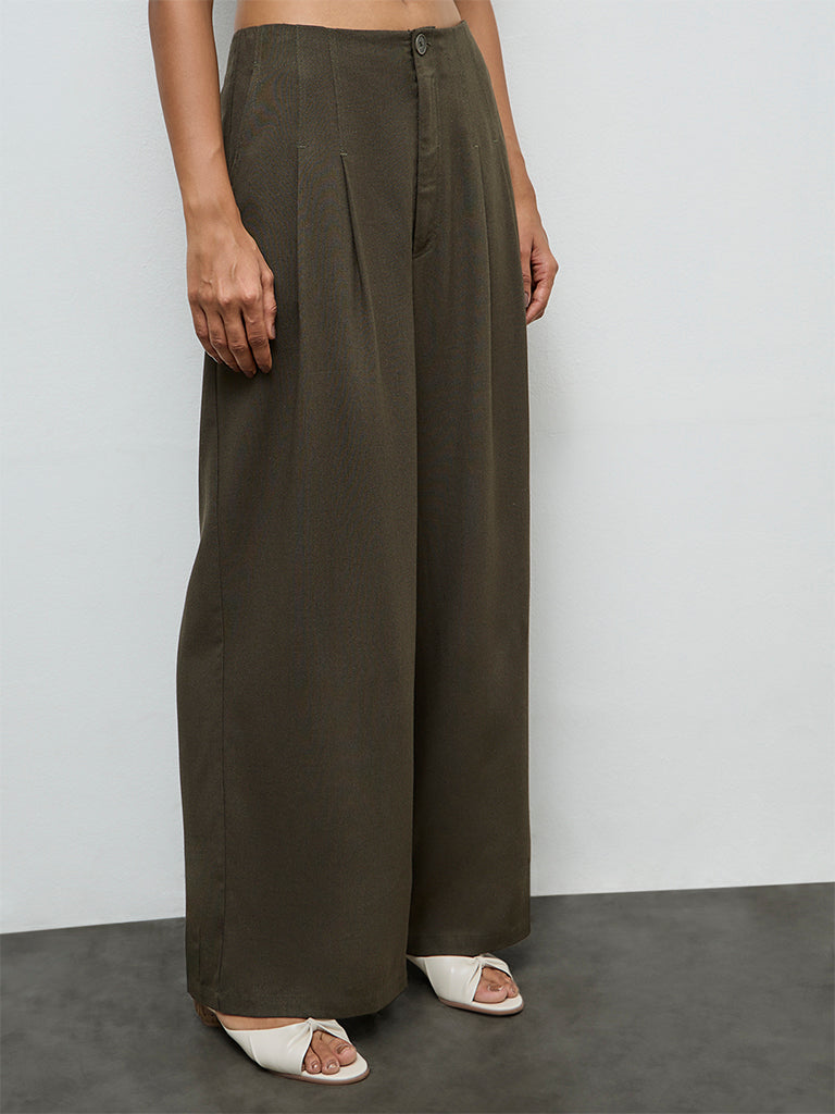 LOV Dark Olive High-Rise Trousers
