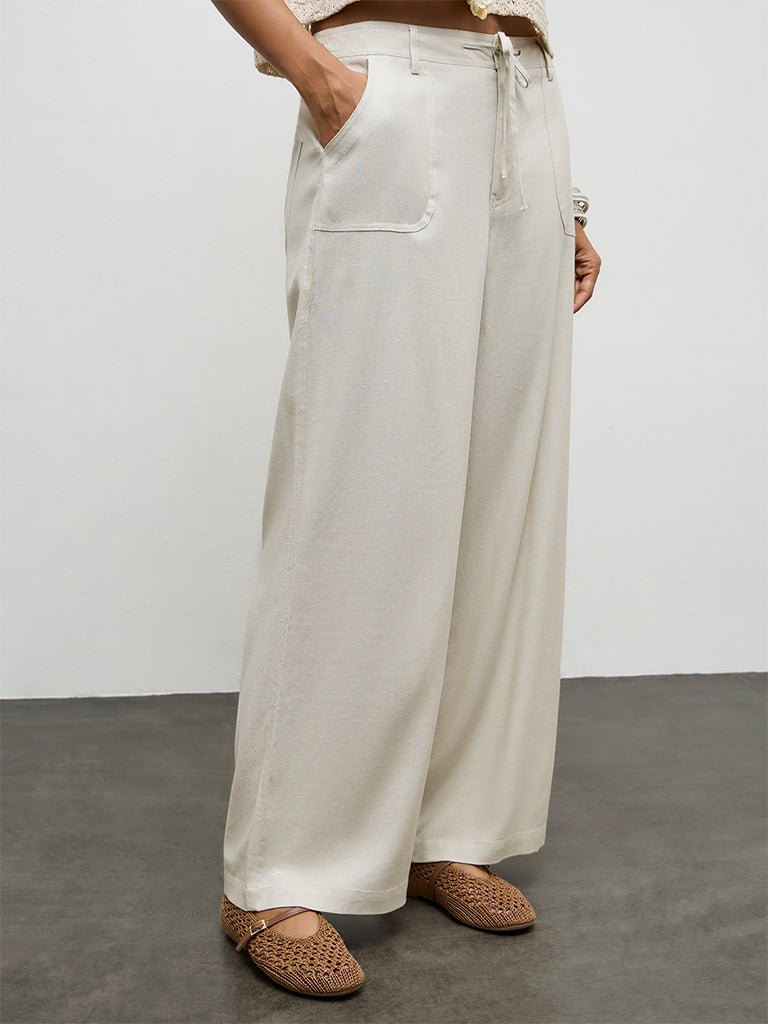 LOV Light Beige High-Rise Cotton-Blend Pants