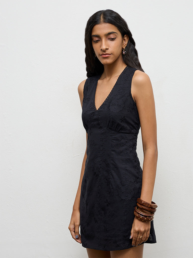Bombay Paisley Black Embroidered Cotton A-Line Dress