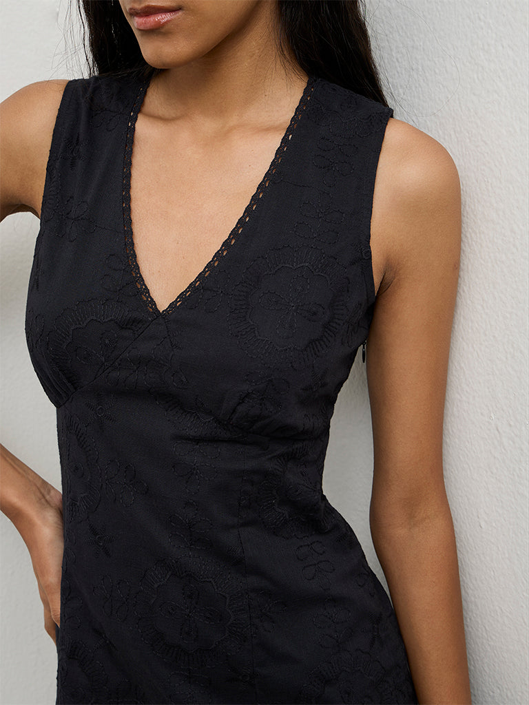 Bombay Paisley Black Embroidered Cotton A-Line Dress