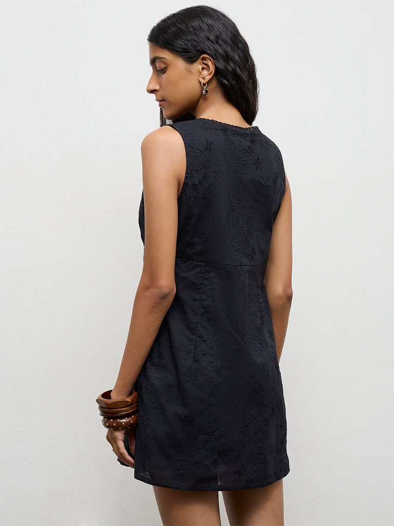 Bombay Paisley Black Embroidered Cotton A-Line Dress