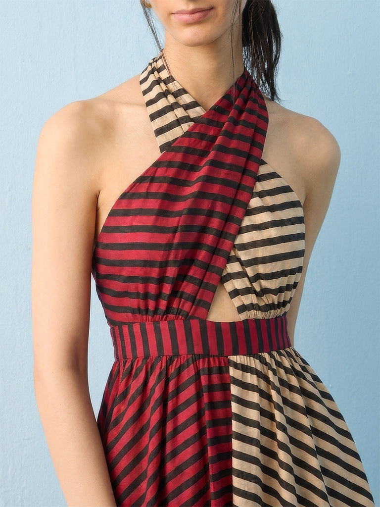Bombay Paisley Red Striped Maxi A-Line Dress