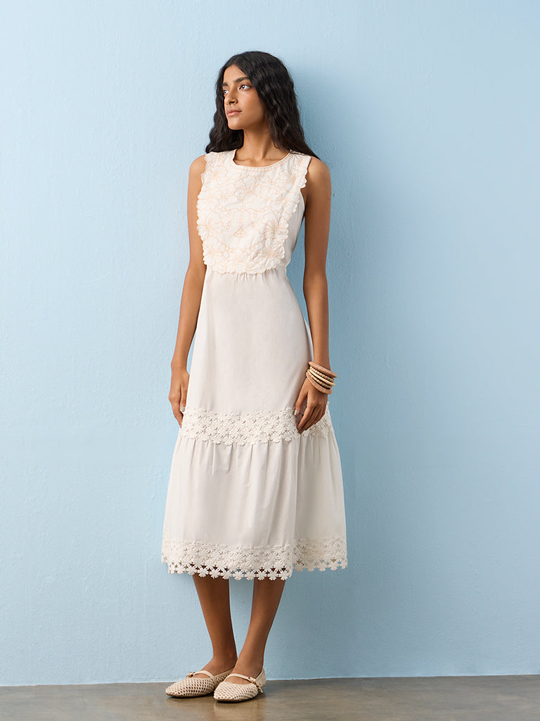 Bombay Paisley White Floral Embroidered Cotton A-Line Dress