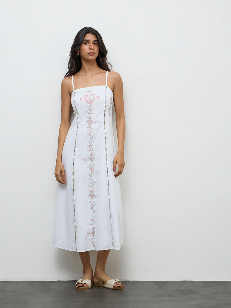 Bombay Paisley White Embroidered Cotton-Blend A-Line Dress