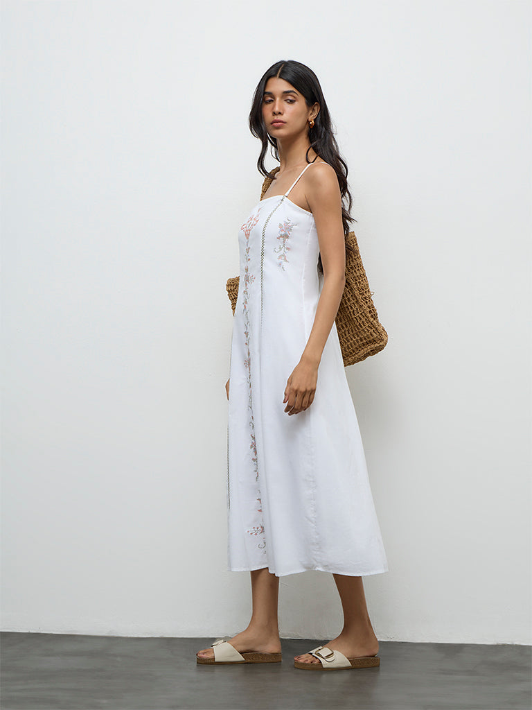 Bombay Paisley White Embroidered Cotton-Blend A-Line Dress