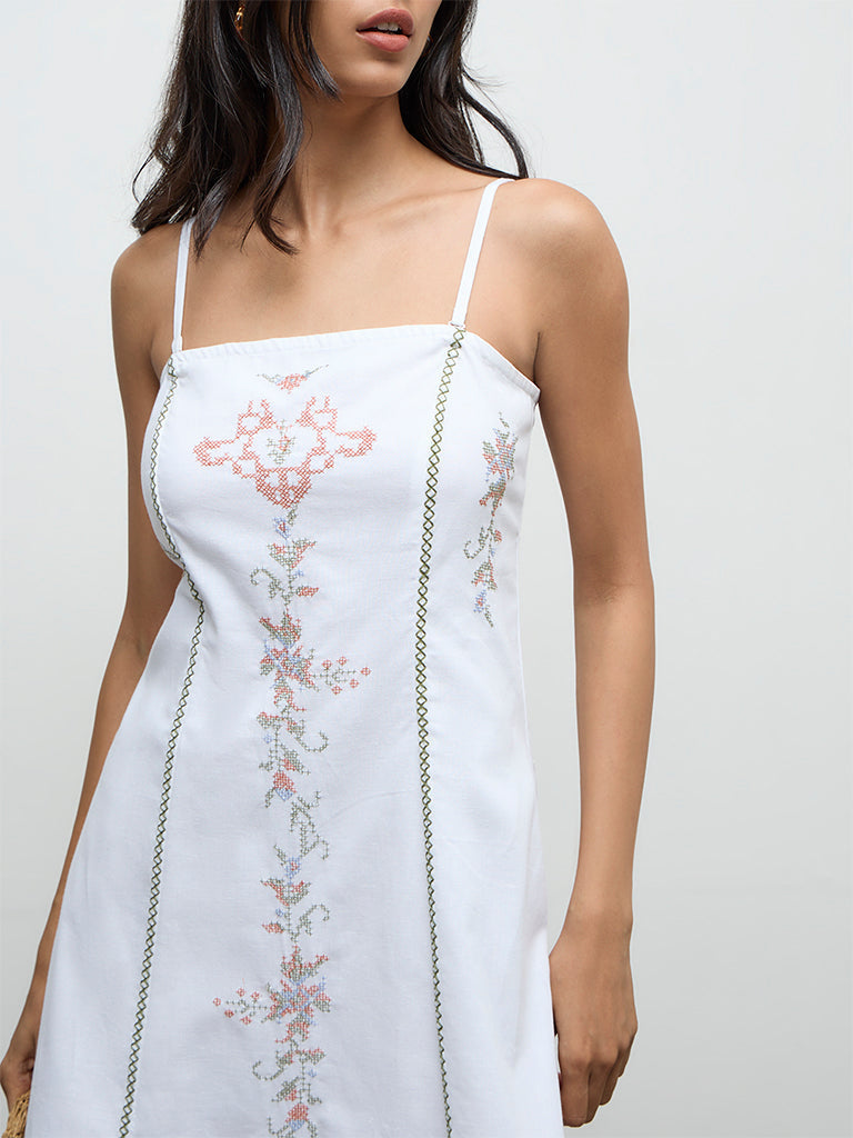 Bombay Paisley White Embroidered Cotton-Blend A-Line Dress