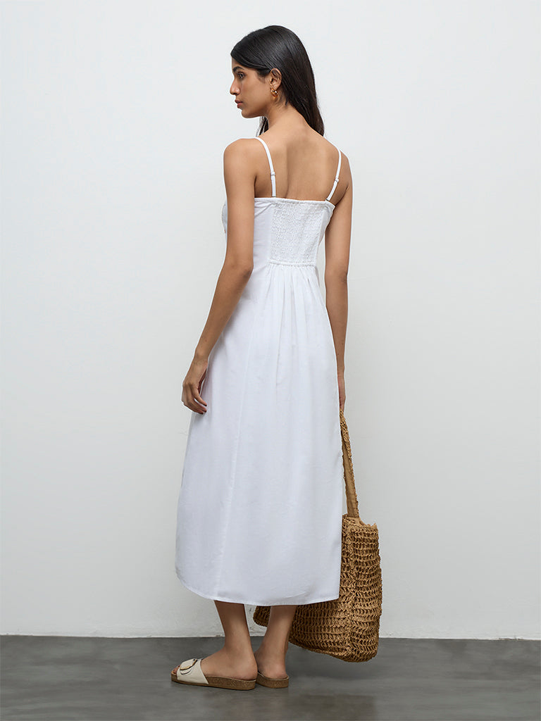 Bombay Paisley White Embroidered Cotton-Blend A-Line Dress