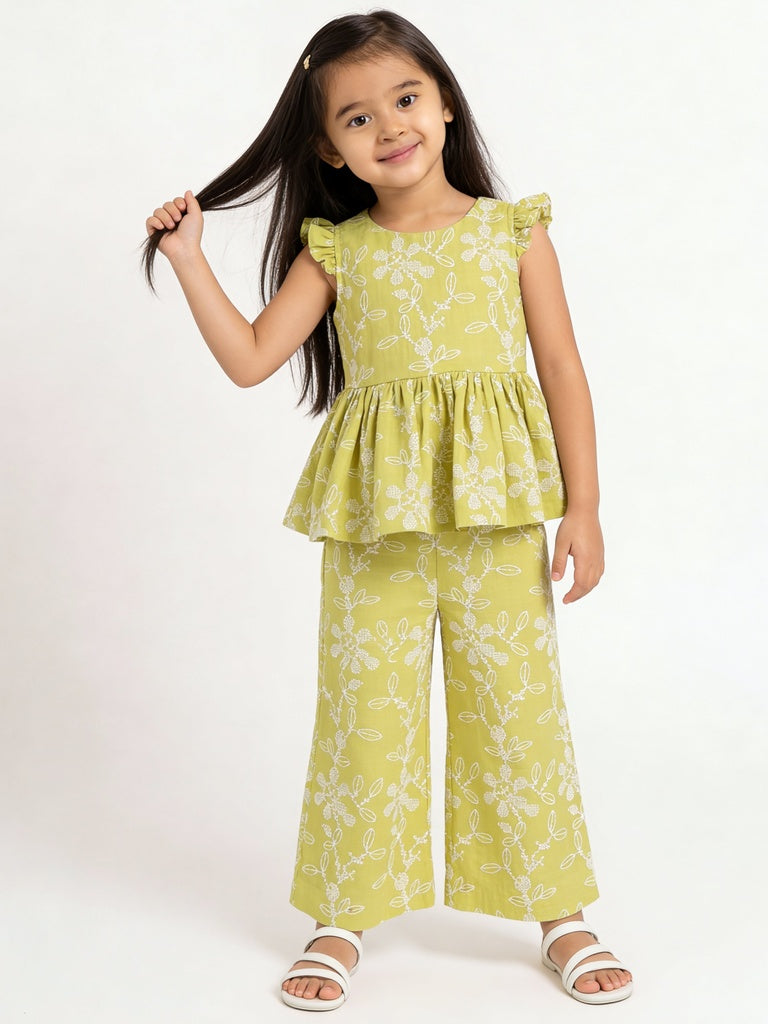 Utsa Kids Girls Lime Green Floral Cotton Wide Leg Pants - (2-8 yrs)