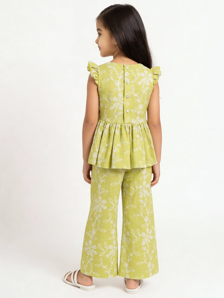 Utsa Kids Girls Lime Green Floral Cotton Wide Leg Pants - (2-8 yrs)