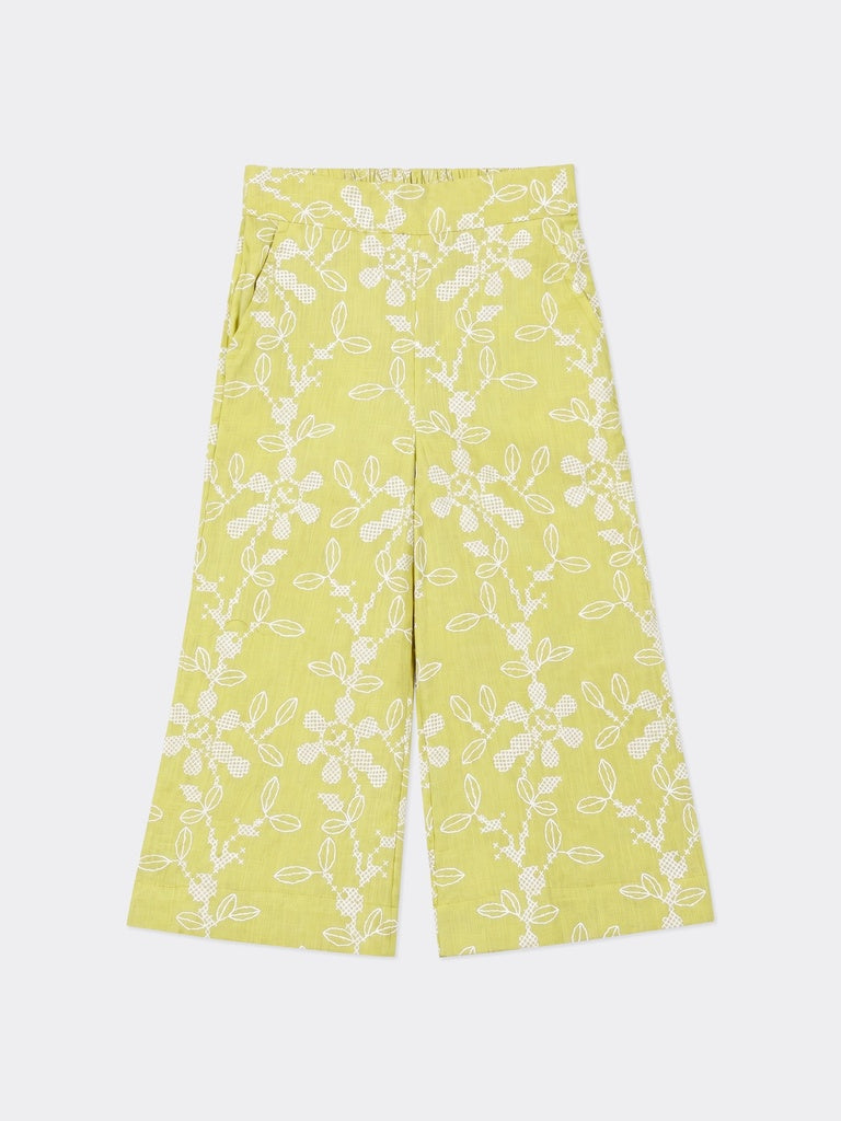 Utsa Kids Girls Lime Green Floral Cotton Wide Leg Pants - (2-8 yrs)