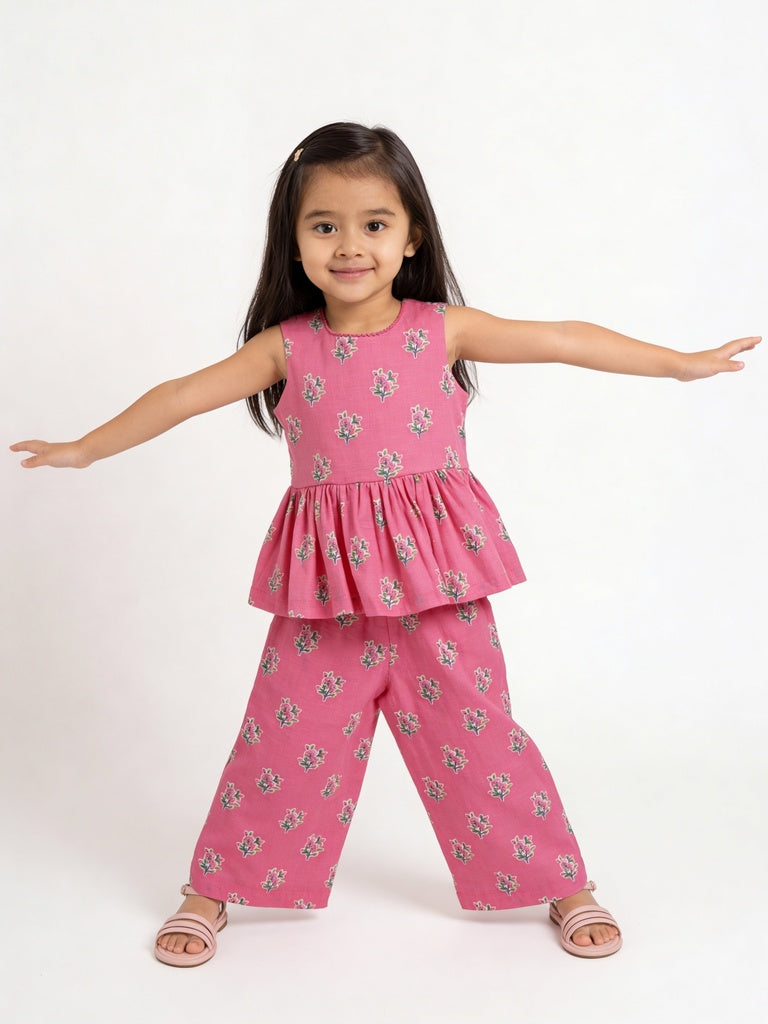 Utsa Kids Girls Pink Floral Print Cotton Pants - (2-8 yrs)
