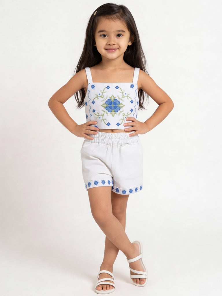 Utsa Kids Girls White Embroidered Cotton-Blend Shorts - (2-8 yrs)