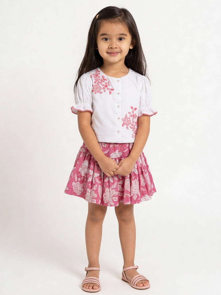 Utsa Kids Girls Pink Floral Printed Flared Cotton Skirt - (2-8 yrs)