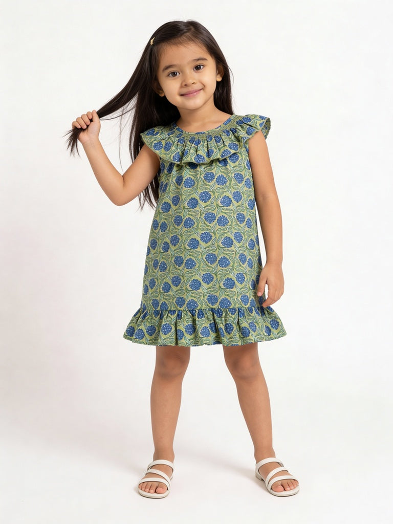 Utsa Kids Girls Lime Green Floral Printed A-Line Cotton Dress - (2- 8 yrs)